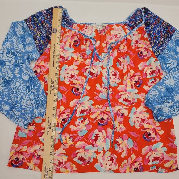 The Pioneer Woman Top S Mixed Floral Long Sleeve Boho Fairy Peasant Tie Shirt - Picture 2 of 7